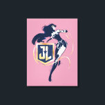 Justice League | Wonder Woman & JL Icon Pop Art Canvas Print<br><div class="desc">Check out Wonder Woman painted in a classic high contrast noir style,  her Lasso of Truth in hand and whipping around a gold and blue Justice League JL shield logo. Halftone dots scatter across this graphic giving it a nostalgic comic book feel.</div>