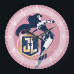 Justice League | Wonder Woman & JL Icon Pop Art Large Clock<br><div class="desc">Check out Wonder Woman painted in a classic high contrast noir style,  her Lasso of Truth in hand and whipping around a gold and blue Justice League JL shield logo. Halftone dots scatter across this graphic giving it a nostalgic comic book feel.</div>