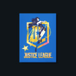 Justice League | Wonder Woman JL Logo Pop Art Canvas Print<br><div class="desc">Check out Justice League's Wonder Woman holding her Lasso of Truth,  ready to throw it. This high contrast pop art drawing of Wonder Woman is placed on top of a golden Justice League JL shield logo,  with the Justice League name logo written down below.</div>