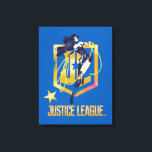 Justice League | Wonder Woman JL Logo Pop Art Canvas Print<br><div class="desc">Check out Justice League's Wonder Woman holding her Lasso of Truth,  ready to throw it. This high contrast pop art drawing of Wonder Woman is placed on top of a golden Justice League JL shield logo,  with the Justice League name logo written down below.</div>
