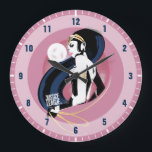 Justice League | Wonder Woman Profile Pop Art Large Clock<br><div class="desc">Check out Justice League's Wonder Woman, painted here in a classic high contrast noir style with halftone dots scattered throughout. Wonder Woman turns to the side, holding her Lasso of Truth, coming out of a large pink disk with the Justice League logo at the end of her long flowing hair....</div>