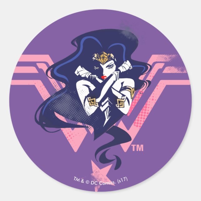 Justice League | Wonder Woman & Symbol Pop Art Classic Round Sticker (Front)