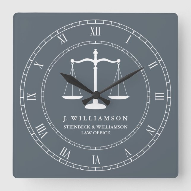 Justice Scales Custom Name Lawyer Slate Grey Square Wall Clock (Front)