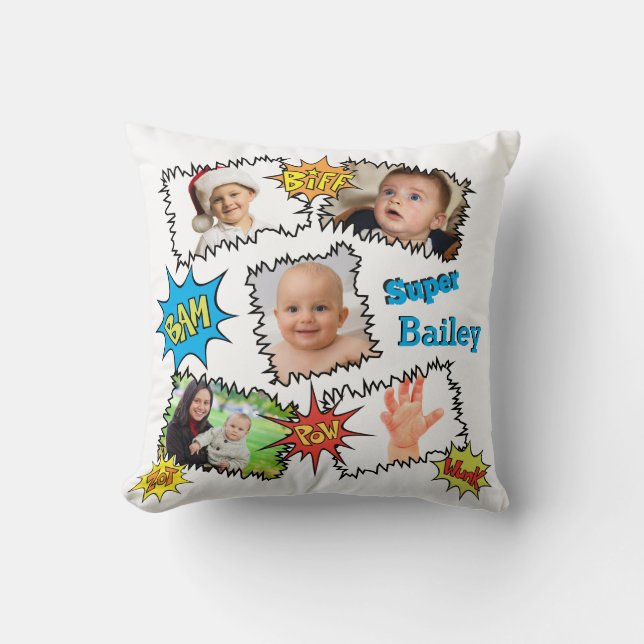 Justice Superhero Photo Collage Speech Bubble Throw Pillow (Front)