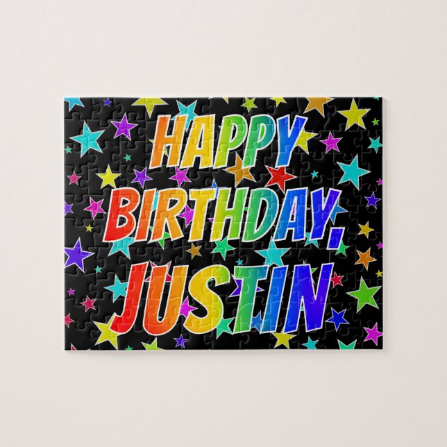 "JUSTIN" First Name, Fun "HAPPY BIRTHDAY" Jigsaw Puzzle (Horizontal)