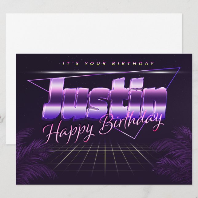 Justin prénom carte rétro lilas anniversaire (Devant / Derrière)