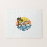 Justin Retro Sunset Name Design Jigsaw Puzzle<br><div class="desc">Retro sunset name design featuring Justin in a vintage beach sunset style with palm trees,  ocean waves,  and birds. A classic retro aesthetic perfect for personalized name gifts and everyday wear.</div>