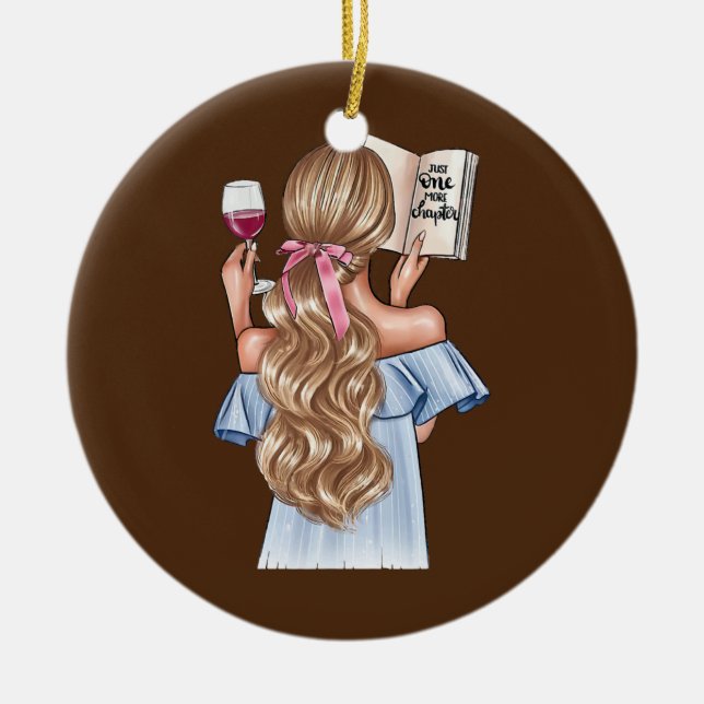 Justt one more Chapter Cute Girl Reading Book Ceramic Ornament (Front)