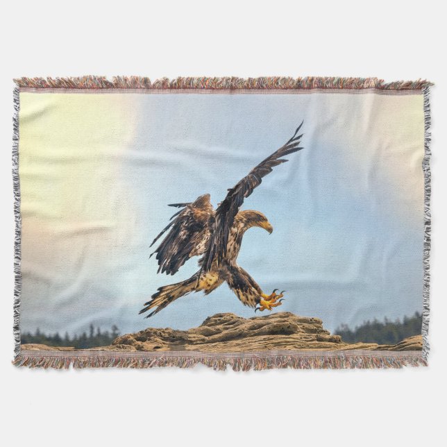 Juvenile Bald Eagle practicing its landing skills. Throw Blanket (Front)