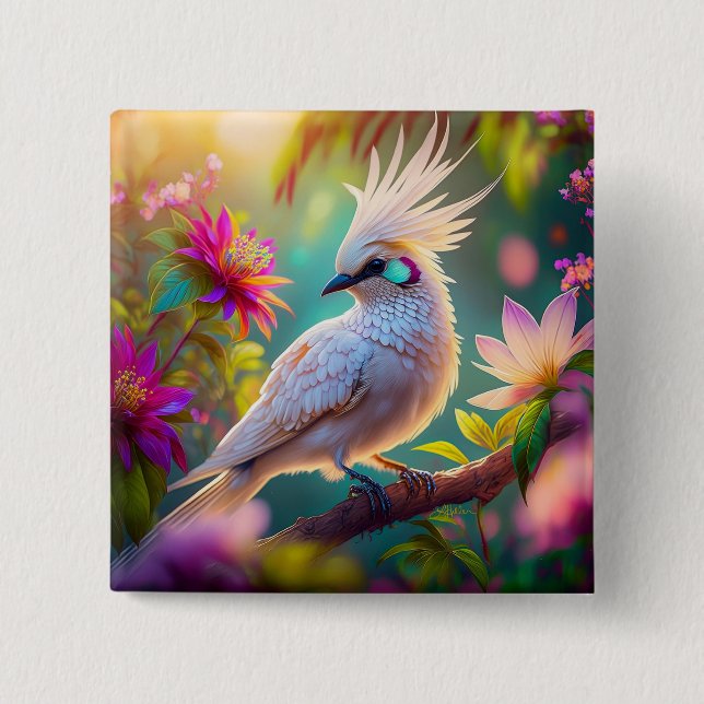Juvenile Crested Blush Feather Dove Fantasy Bird 2 Inch Square Button (Front)