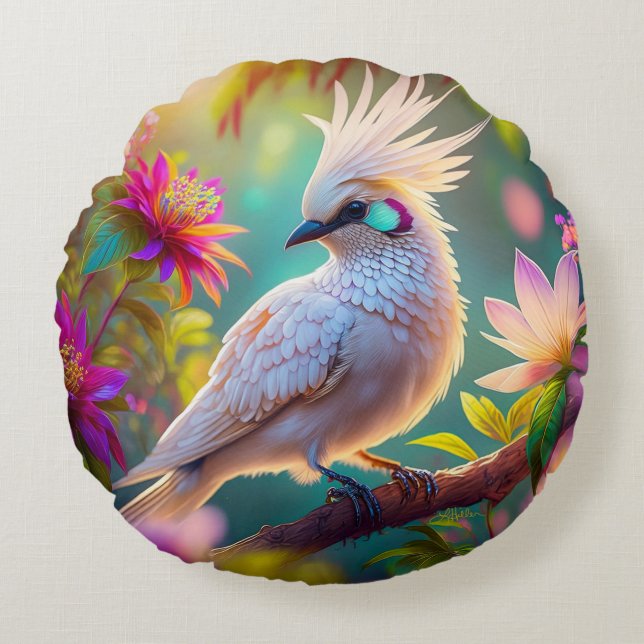 Juvenile Crested Blush Feather Dove Fantasy Bird Round Pillow (Front)