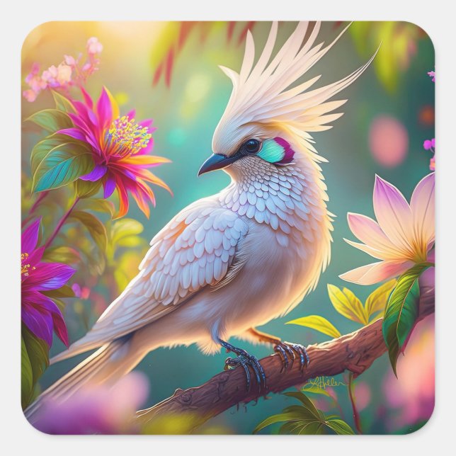 Juvenile Crested Blush Feather Dove Fantasy Bird Square Sticker (Front)