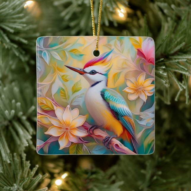 Juvenile Rainbow Woodpecker Fantasy Bird Ceramic Ornament (Tree)