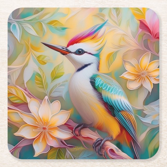 Juvenile Rainbow Woodpecker Fantasy Bird Square Paper Coaster (Front)