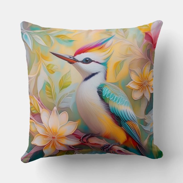 Juvenile Rainbow Woodpecker Fantasy Bird Throw Pillow (Back)