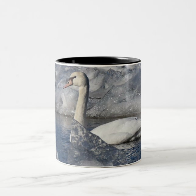 Juvenile Swan in Icey River Two-Tone Coffee Mug (Center)