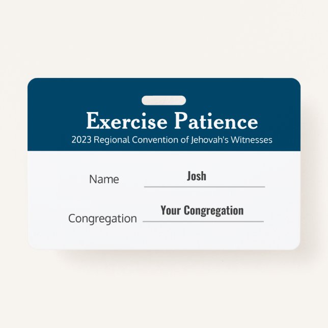 JW 2023 Convention Custom Name Exercise Patience Badge (Front)
