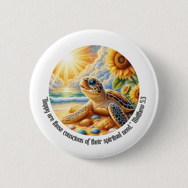 JW 2026 Year Text Happy Turtle Matthew 5:3 2 Inch Round Button (Front)