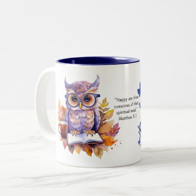 JW 2026 Year Text Matthew 5:3 Smart Owl Coffee Cup (Front Left)