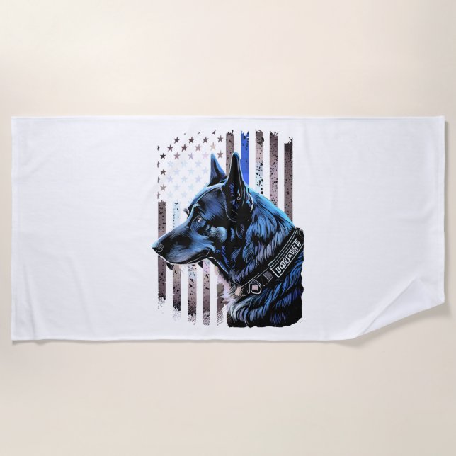 K9 German Shepherd Police Dog Thin Blue Line Flag Beach Towel (Front)