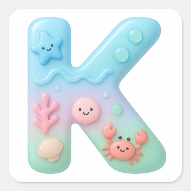 "K" Cute Letter - Underwater Sea Creatures  Square Sticker (Front)