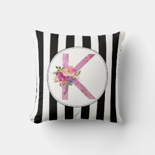 K, Floral Monogram initial , watercolor flower Throw Pillow