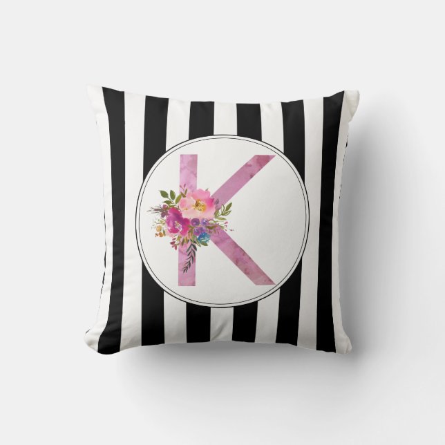 K, Floral Monogram initial , watercolor flower Throw Pillow (Front)