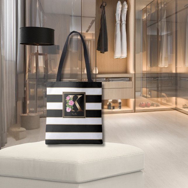 K Gold Floral Monogram | Black White Gold Stripes Tote Bag (Creator Uploaded)