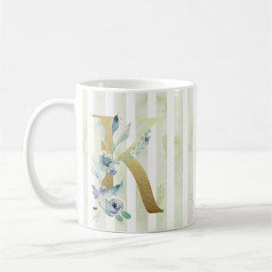 K golden initial on blue and white stripes coffee mug