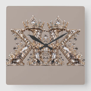 K Letter Beige Crystal Luxury Design Square Wall Clock