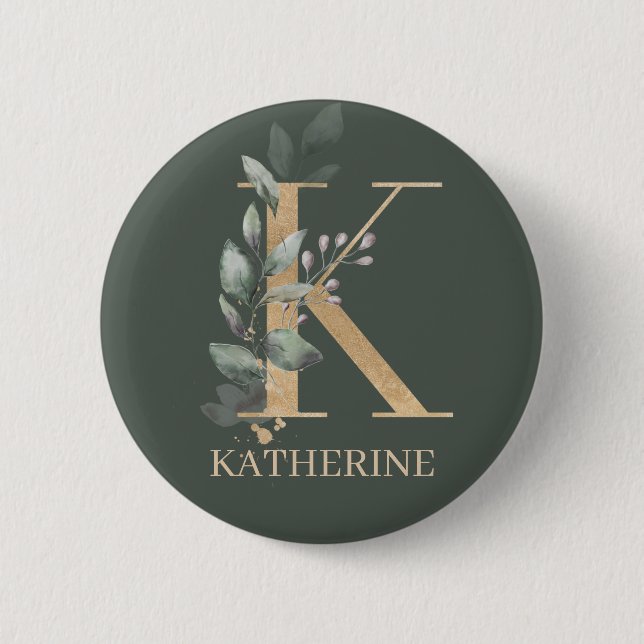 K Monogram Floral Personalized 2 Inch Round Button (Front)