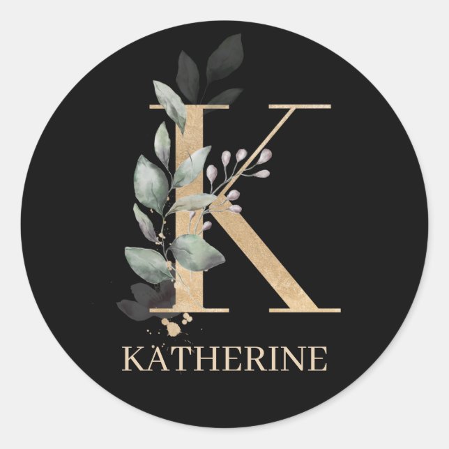 K Monogram Floral Personalized Classic Round Stick Sticker (Front)