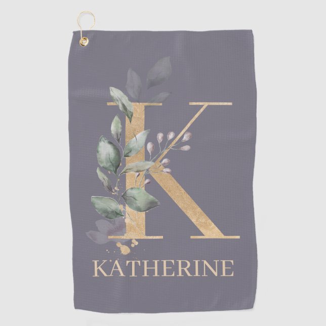 K Monogram Floral Personalized Golf Towel (Front)