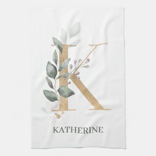 K Monogram Floral Personalized Kitchen Towel