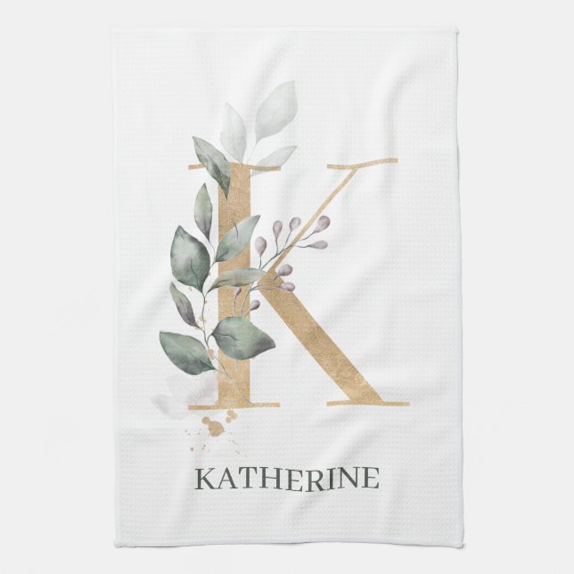 K Monogram Floral Personalized Kitchen Towel (Vertical)