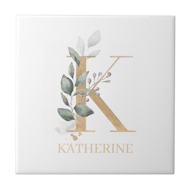 K Monogram Floral Personalized Tile (Front)