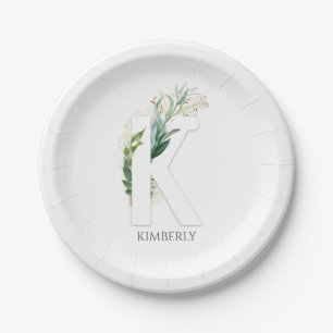 K Monogram Gold Greenery Leaves Elegant Name Paper Plate