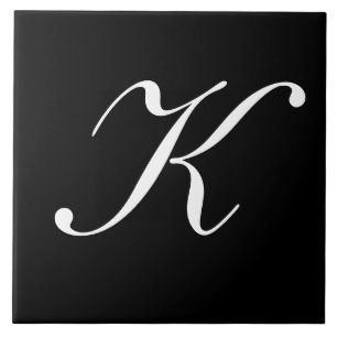 "K" Monogram Initial White on Black Tile