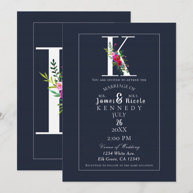 K Monogram Last Initial Modern Blue Floral Wedding Invitation (Front/Back)
