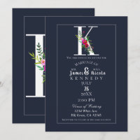K Monogram Last Initial Modern Blue Floral Wedding