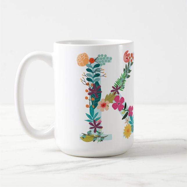 K Monogram Mug, Floral K Initial, Botanical Coffee Mug (Left)