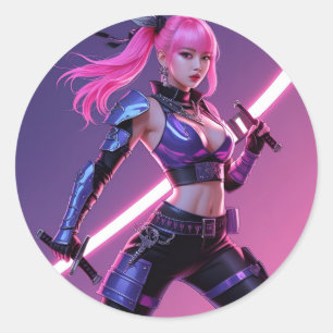 K-Pop Demoncore Pink Samurai Girl with Katana Ar Classic Round Sticker