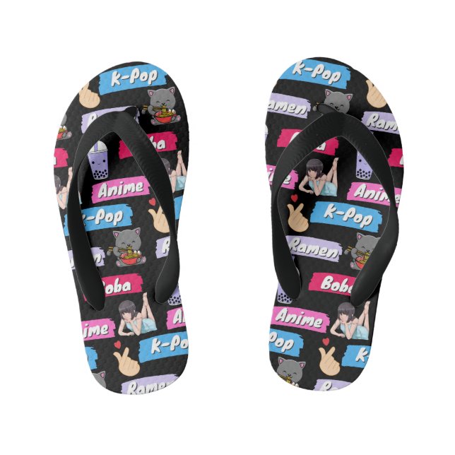 K-Pop, Ramen, Boba and Anime Pop Culture Fan  Kid's Flip Flops (Footbed)