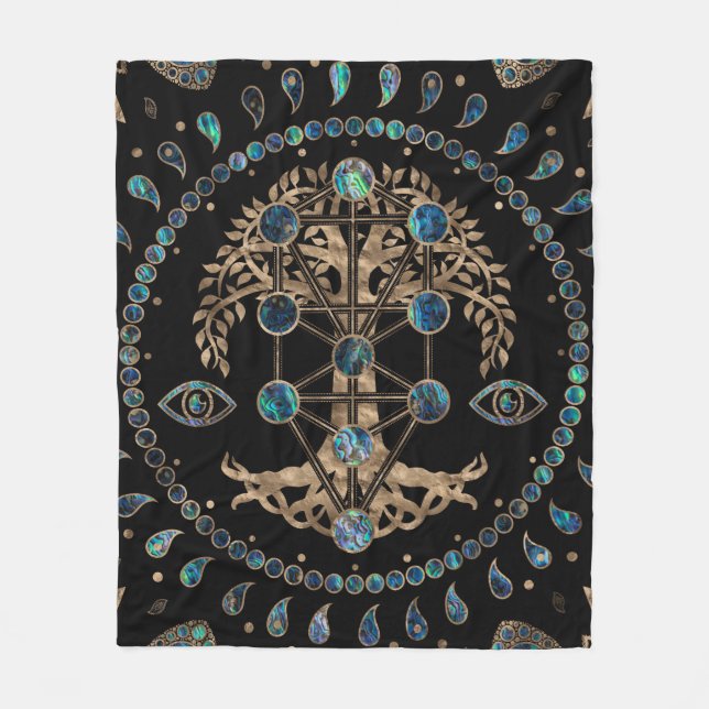 Kabbalah The Tree of Life Abalone and Gold Fleece Blanket (Front)
