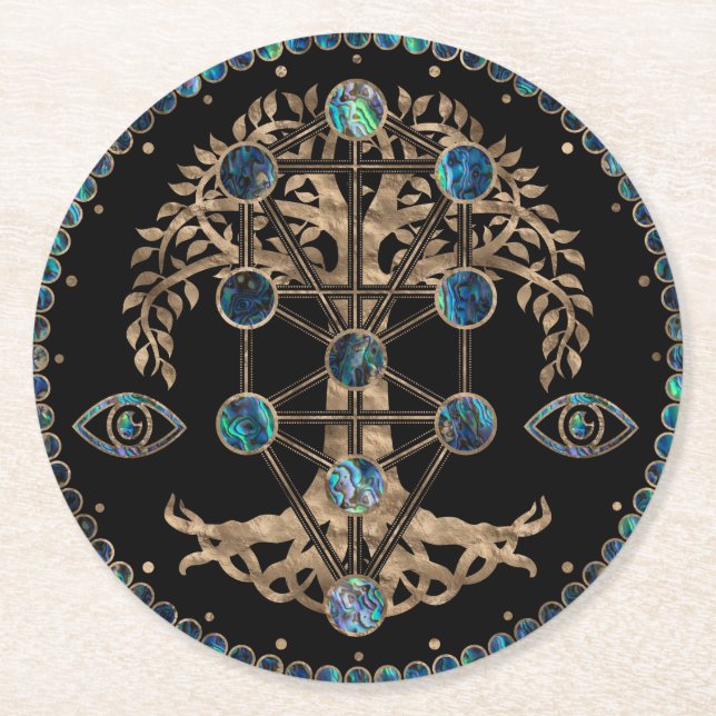 Kabbalah The Tree of Life Abalone and Gold Round Paper Coaster (Front)