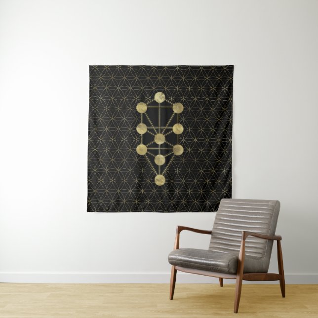 Kabbalah The Tree of Life Gold on Black Tapestry (In Situ)