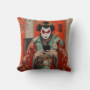 Kabuki and Keitai Throw Pillow