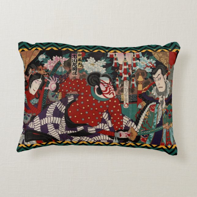 Kabuki Samurai Warriors Woodblock Accent Pillow (Back)