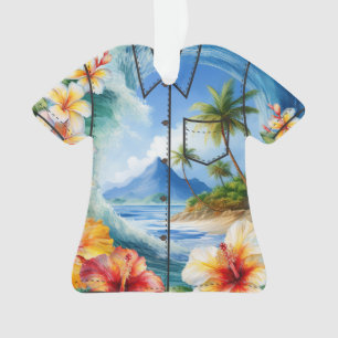 Kai Aloha Hibiscus Watercolor Wave Aloha Shirt Ornament