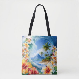 Kai Aloha Hibiscus Watercolor Wave Beach Bag